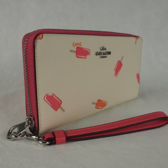 Coach Wallet Long Zip Around Leather Popsicle Print Chalk White Pink Multi C4530 - Picture 4 of 10